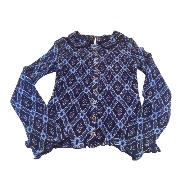 Free People Women's M Caught A Feeling Blouse Sheer Blue Patterned Long Sleeve - Picture 5 of 15